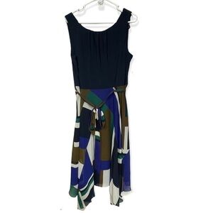 𝅺ignite Evenings Sleeveless Navy Multi Hankerchief Hem Maxi Dress, 16